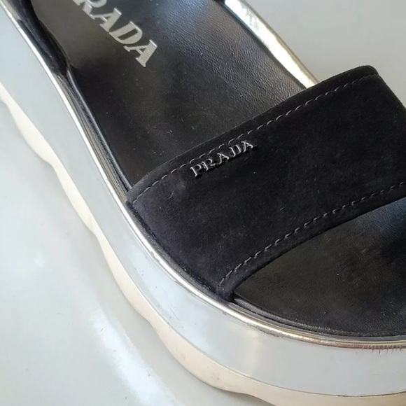 PRADA black suede 38.5 8.5 logo round buckle open-toe silver wedge sandals shoes - Picture 3 of 7